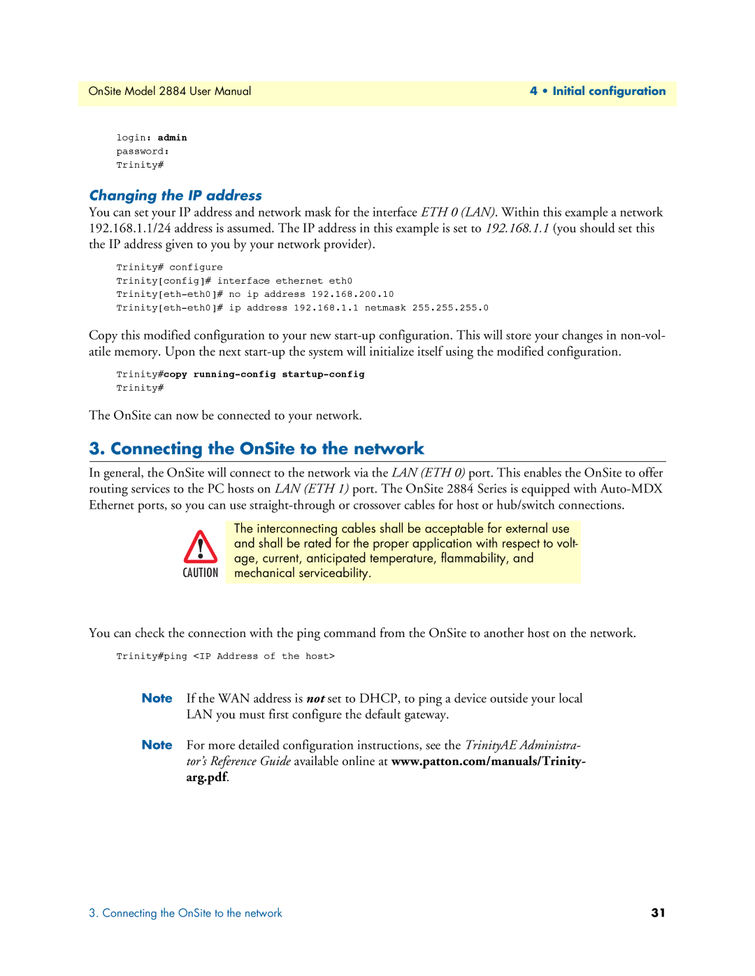 Patton electronic 2884 user manual Connecting the OnSite to the network, Changing the IP address 