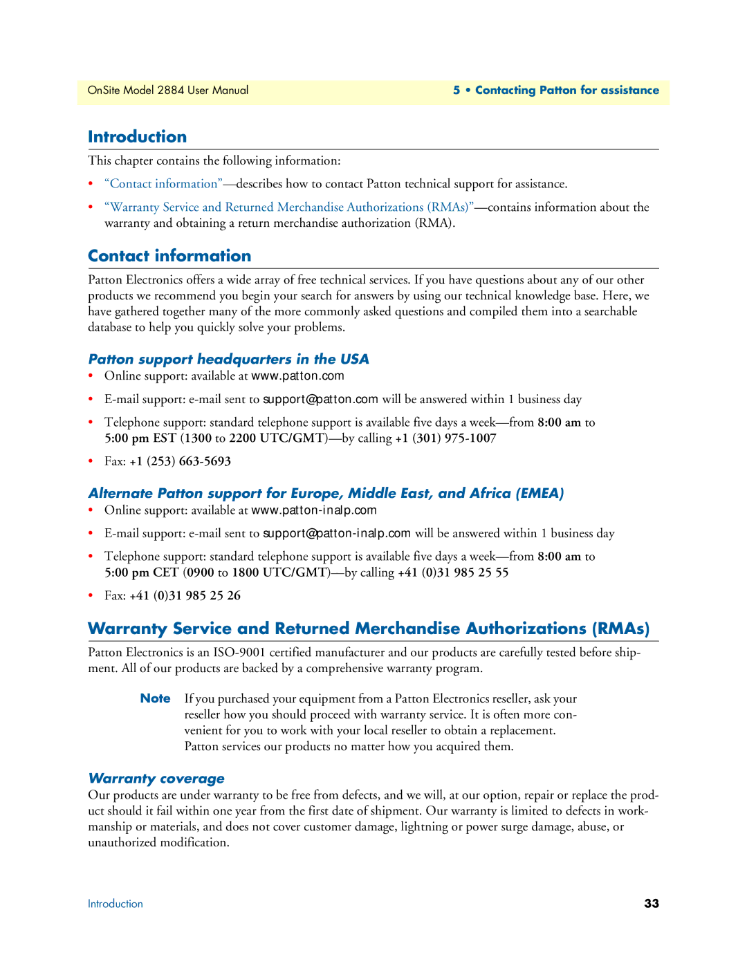 Patton electronic 2884 user manual Contact information, Patton support headquarters in the USA, Warranty coverage 