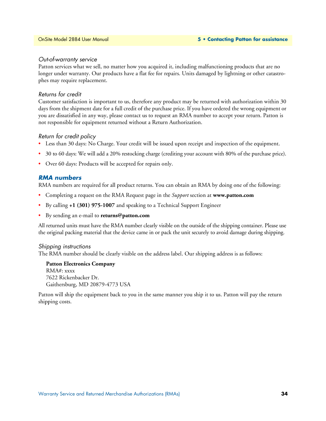 Patton electronic 2884 user manual Out-of-warranty service, RMA numbers 