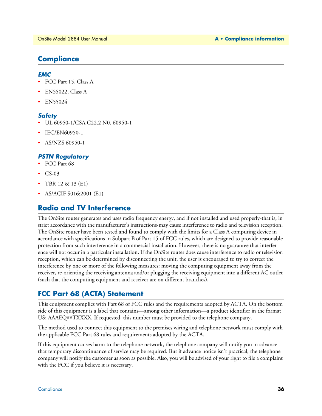 Patton electronic 2884 Compliance, Radio and TV Interference, FCC Part 68 Acta Statement, Safety, Pstn Regulatory 