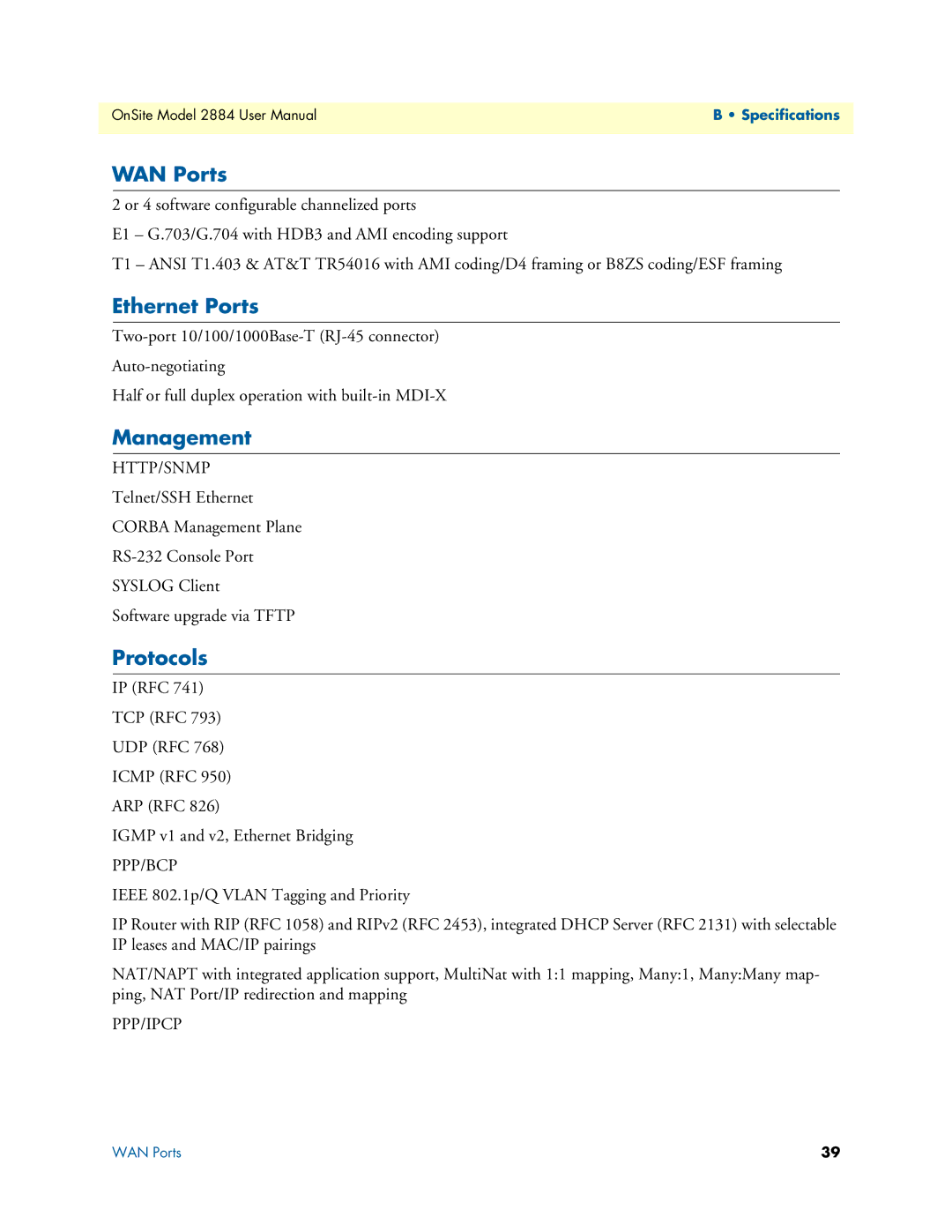 Patton electronic 2884 user manual WAN Ports, Ethernet Ports, Management, Protocols 