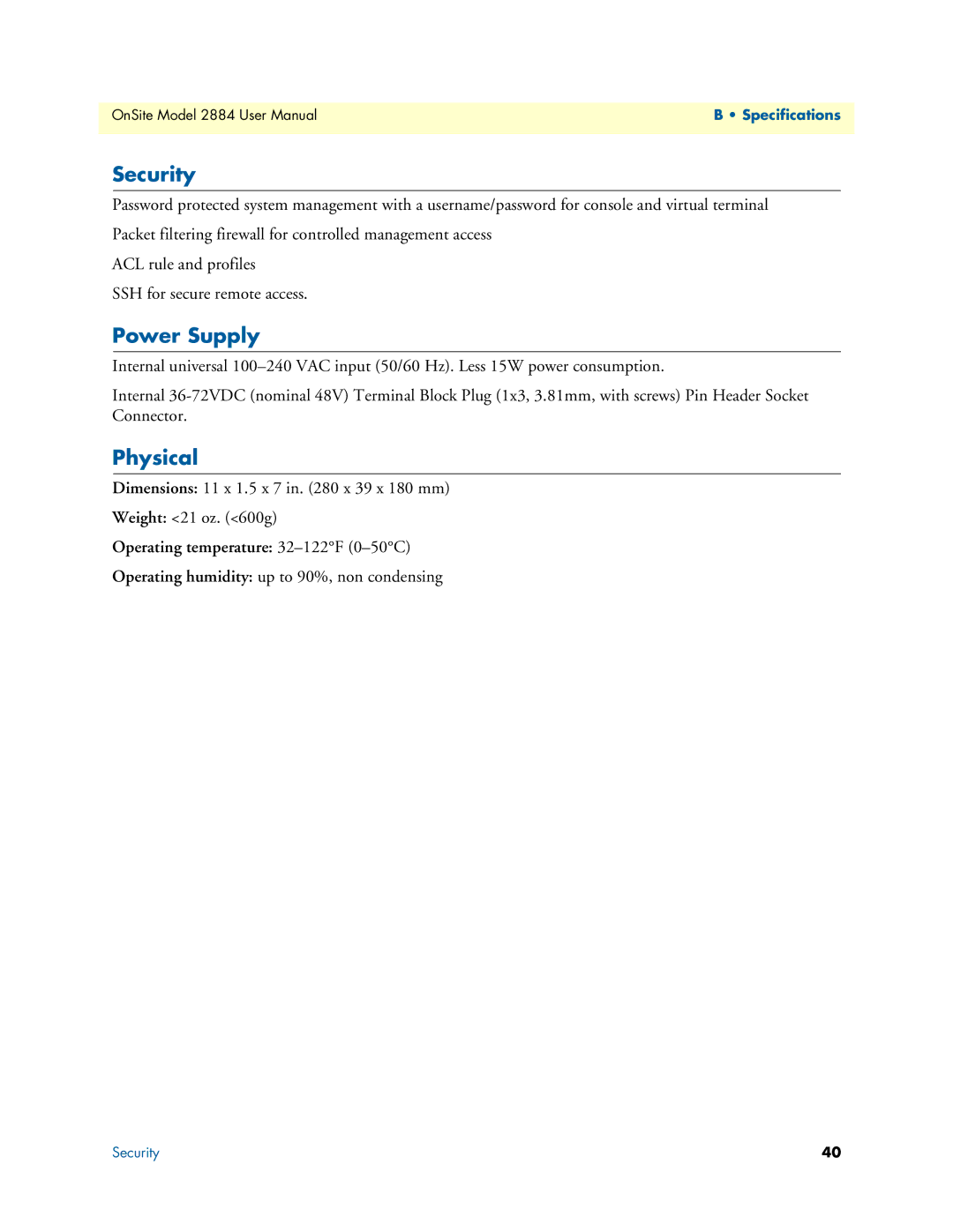 Patton electronic 2884 user manual Security, Power Supply, Physical 