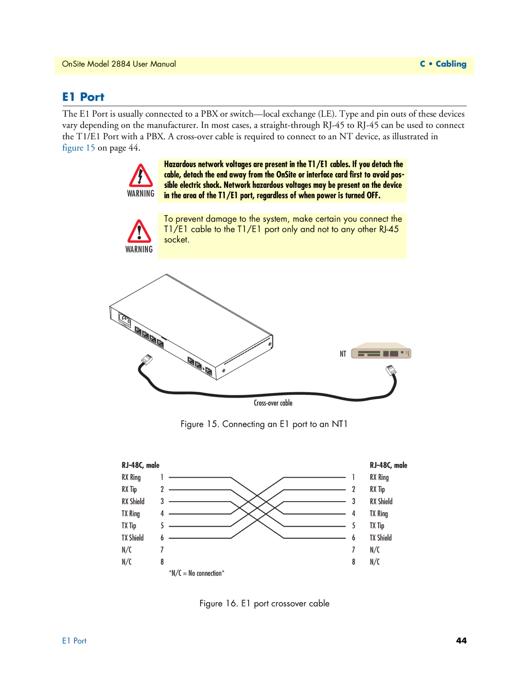 Patton electronic 2884 user manual E1 Port, Connecting an E1 port to an NT1 