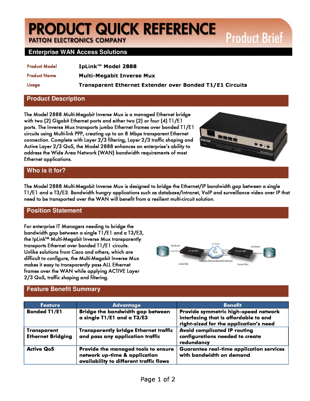 Patton electronic 2888 manual Product Brief, Carrier Infrastructure Solutions, Product Description, Who is it for? 