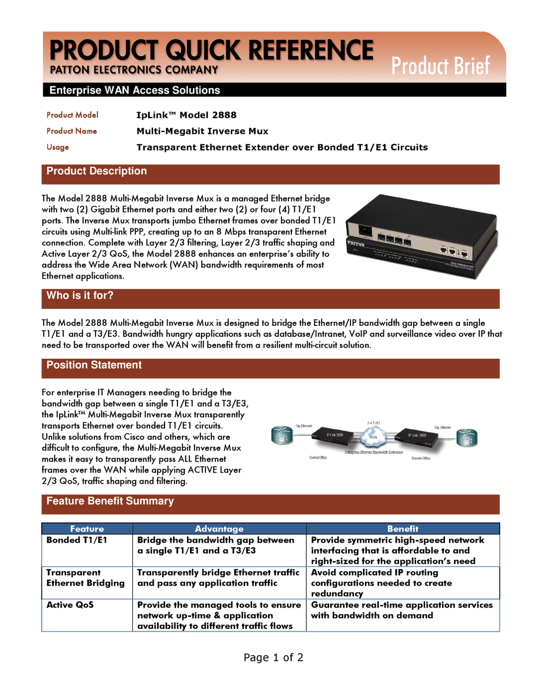 Patton electronic 2888 manual Enterprise WAN Access Solutions, Product Description, Who is it for?, Position Statement 