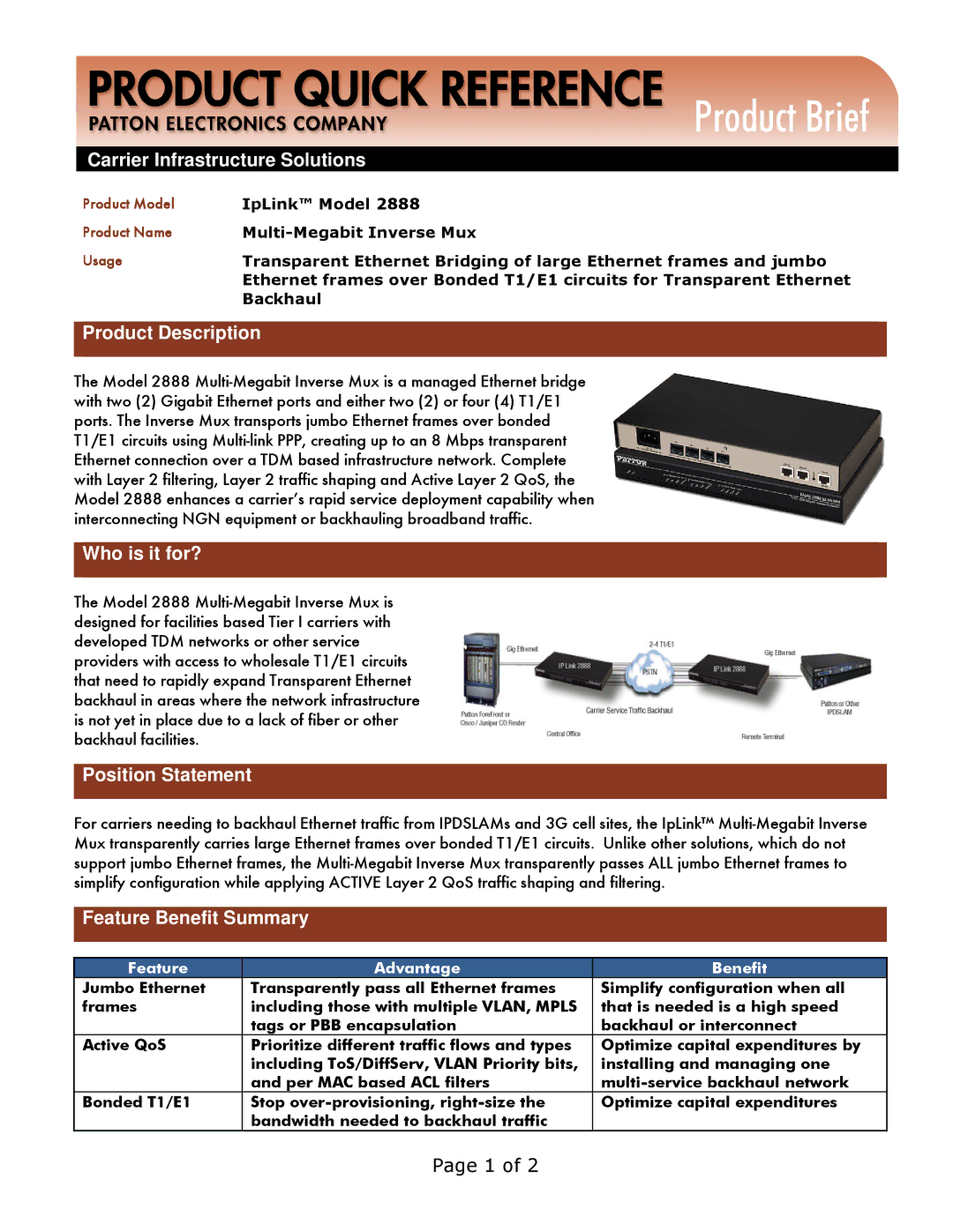 Patton electronic 2888 manual Carrier Infrastructure Solutions, Product Description, Who is it for?, Position Statement 