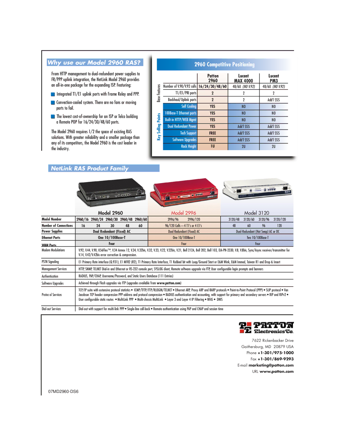 Patton electronic 2960 RAS Integrated T1/E1 uplink ports with Frame Relay and PPP, 120, Pstn Signaling, Authentication 