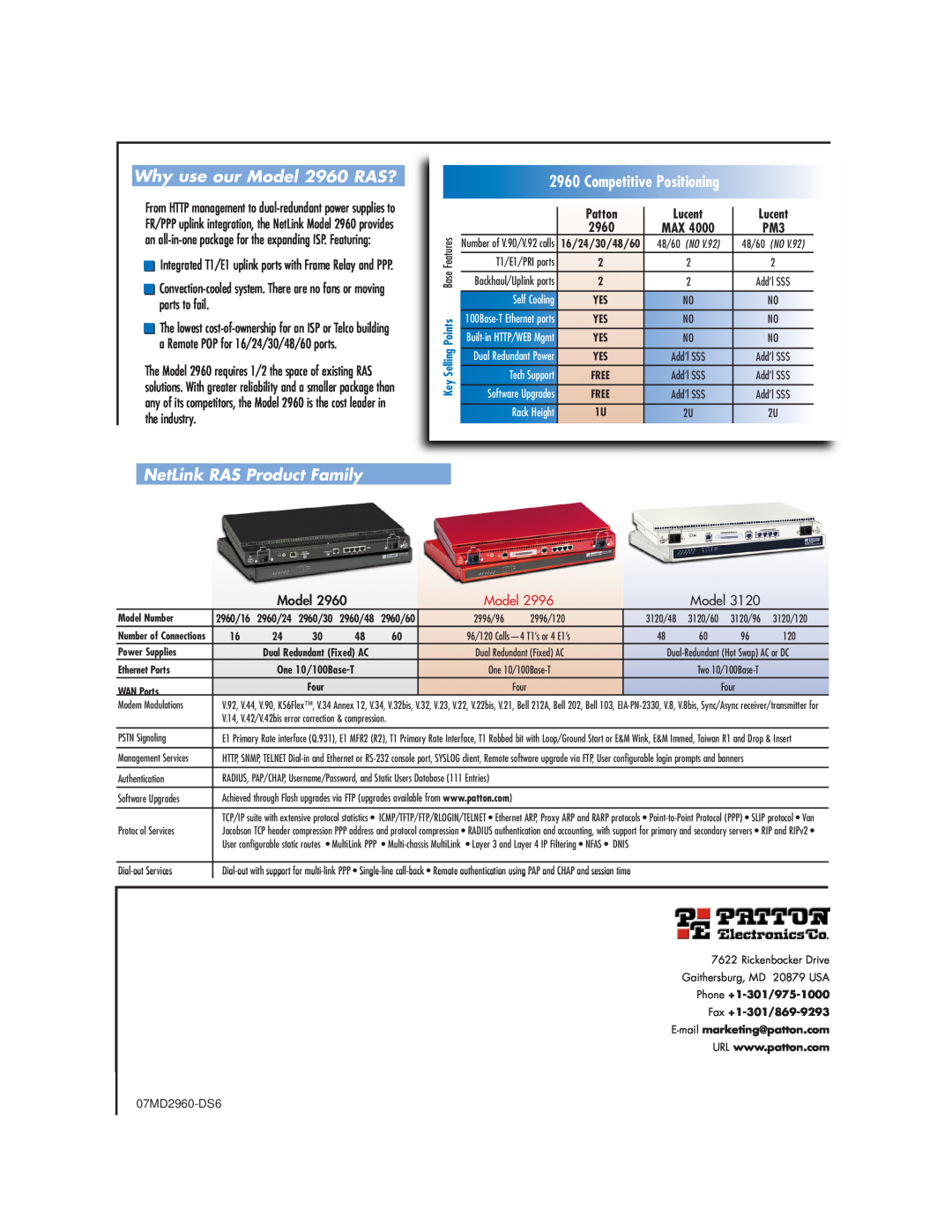 Patton electronic Features, T1/E1/PRI ports, Why use our Model 2960 RAS?, 2960CompetitivePositioning, Self Cooling 