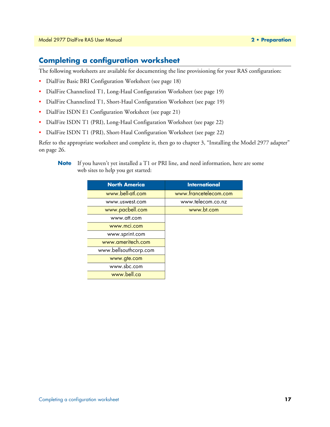 Patton electronic 2977 user manual Completing a configuration worksheet 