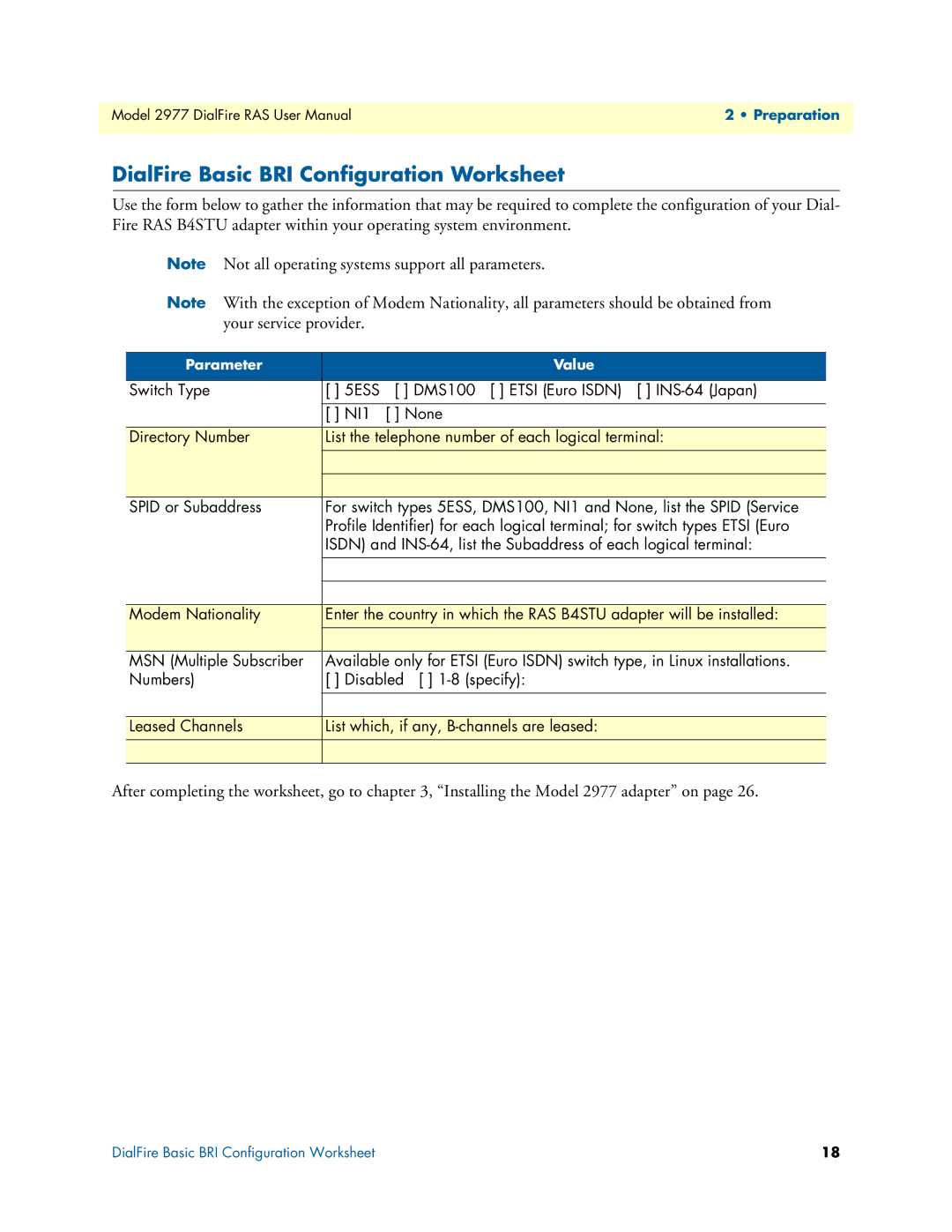 Patton electronic 2977 user manual DialFire Basic BRI Configuration Worksheet 