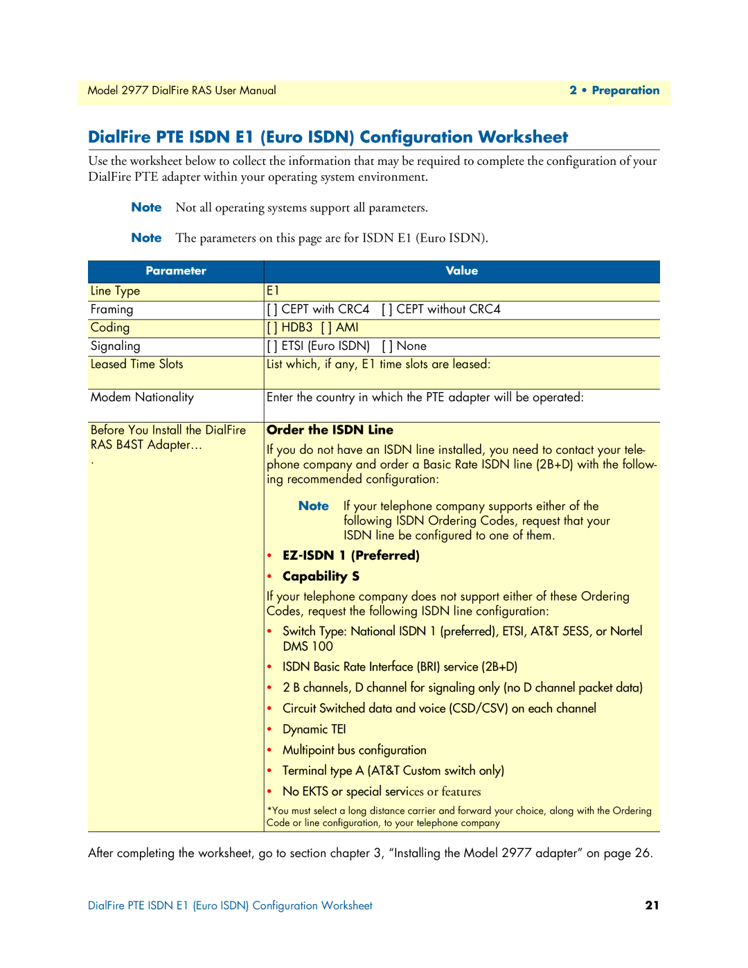 Patton electronic 2977 user manual DialFire PTE Isdn E1 Euro Isdn Configuration Worksheet, Order the Isdn Line 