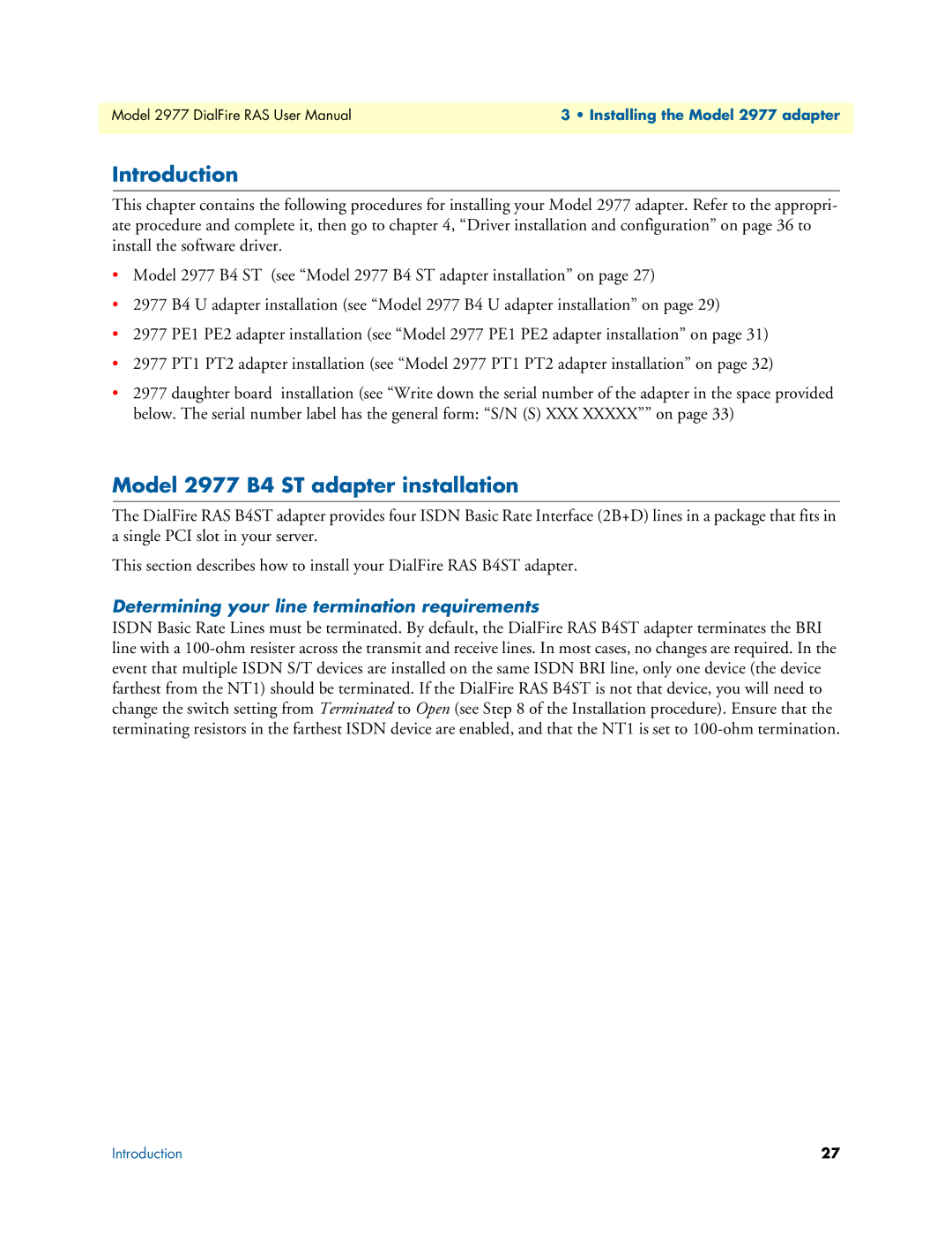 Patton electronic user manual Model 2977 B4 ST adapter installation, Determining your line termination requirements 