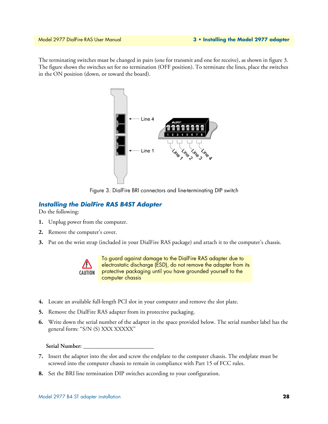 Patton electronic 2977 Installing the DialFire RAS B4ST Adapter, DialFire BRI connectors and line-terminating DIP switch 