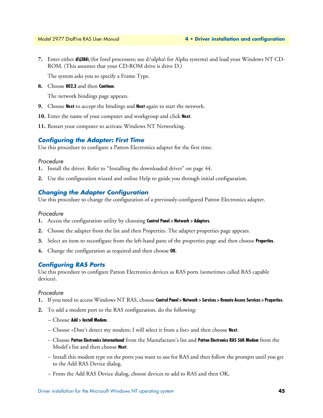 Patton electronic 2977 Configuring the Adapter First Time, Changing the Adapter Configuration, Configuring RAS Ports 