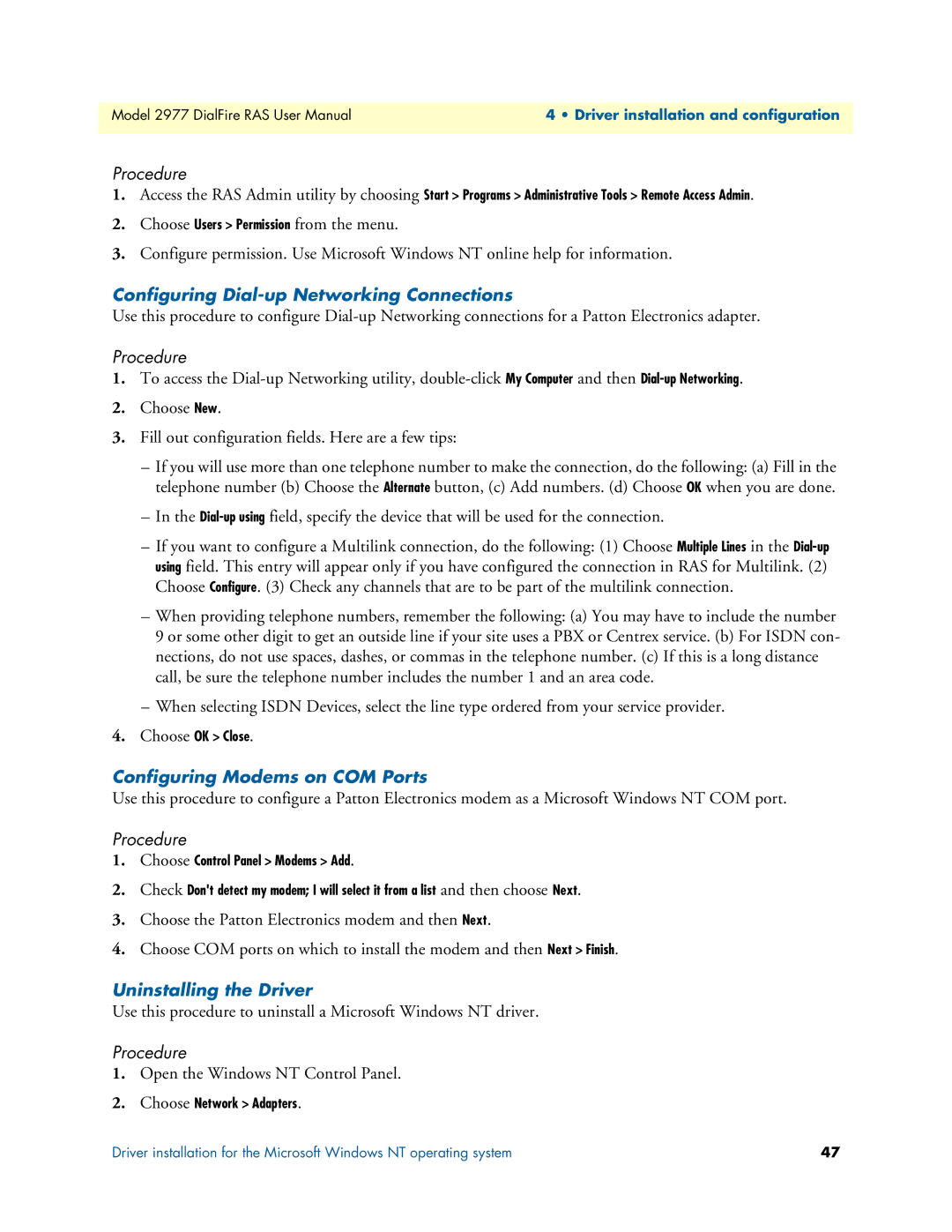 Patton electronic 2977 user manual Configuring Dial-up Networking Connections, Configuring Modems on COM Ports 