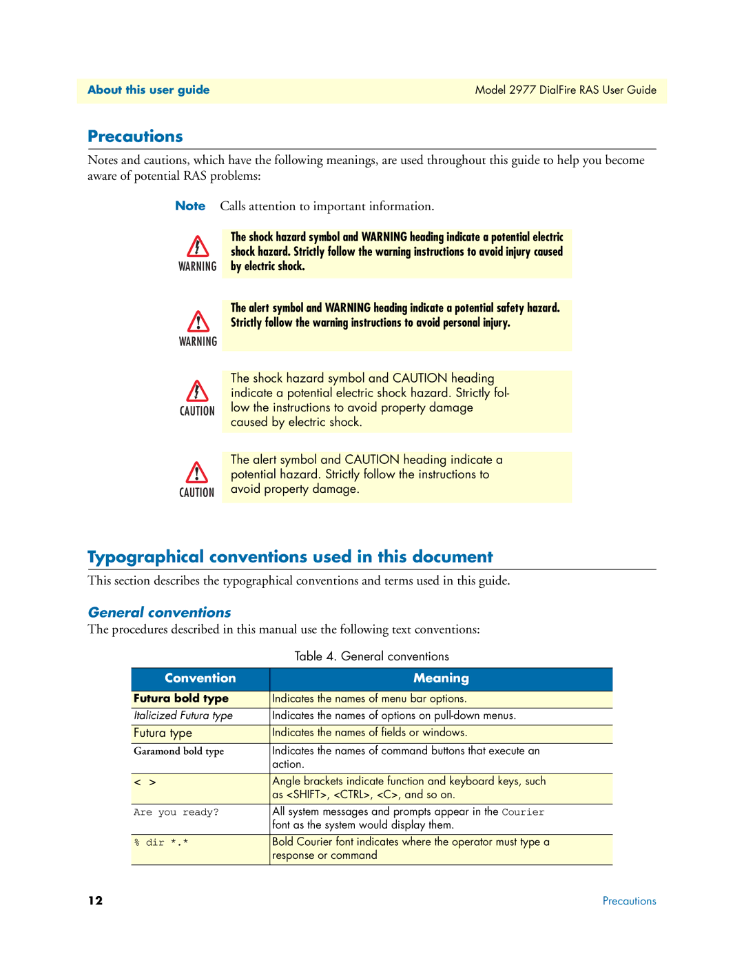 Patton electronic 2977 manual Precautions, Typographical conventions used in this document, General conventions 