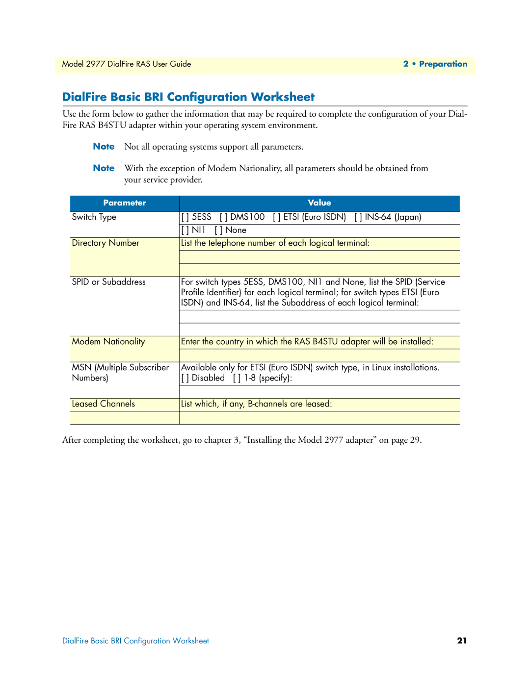 Patton electronic 2977 manual DialFire Basic BRI Conﬁguration Worksheet 