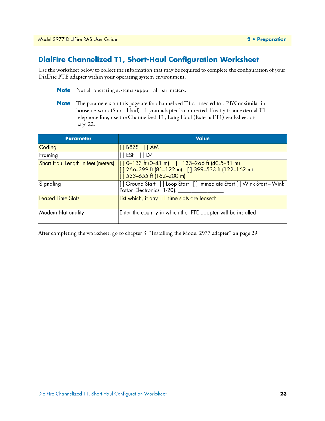 Patton electronic 2977 manual DialFire Channelized T1, Short-Haul Conﬁguration Worksheet 