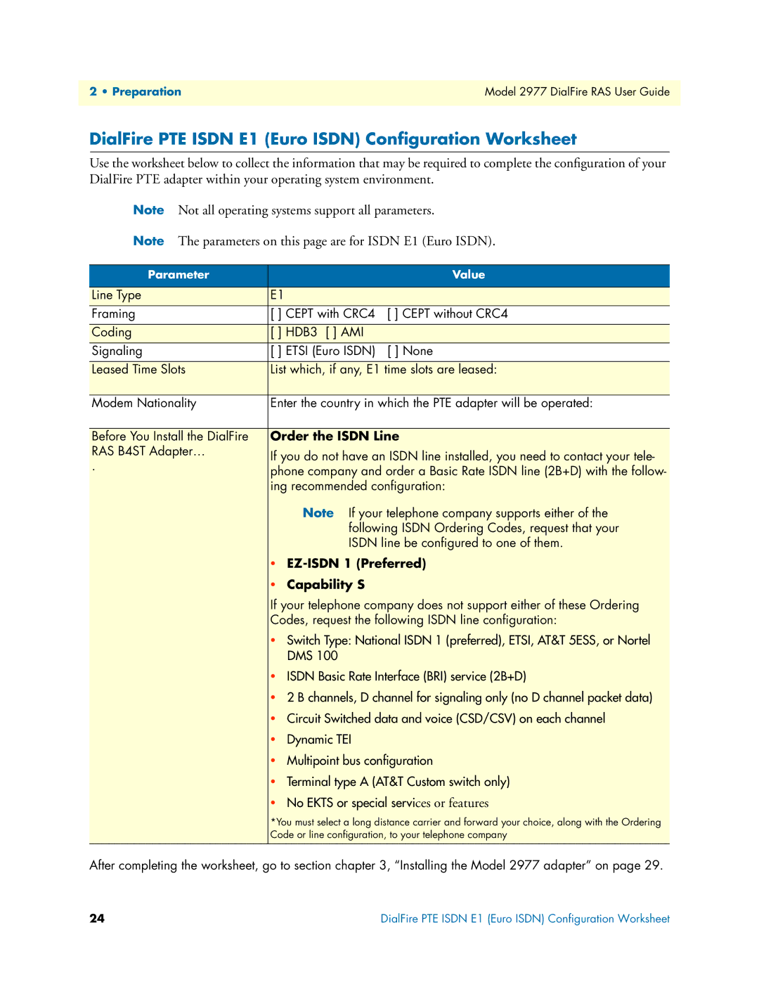 Patton electronic 2977 manual DialFire PTE Isdn E1 Euro Isdn Conﬁguration Worksheet, Order the Isdn Line 