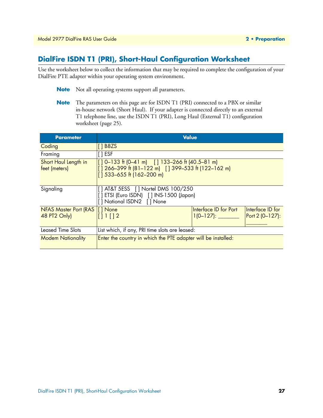 Patton electronic 2977 manual DialFire Isdn T1 PRI, Short-Haul Conﬁguration Worksheet 