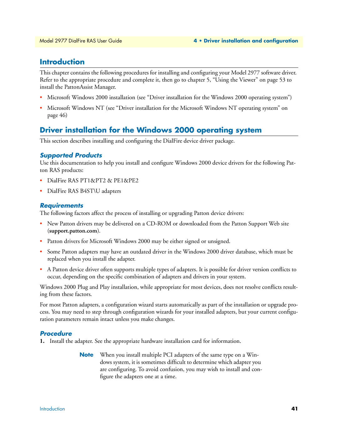 Patton electronic 2977 manual Driver installation for the Windows 2000 operating system, Supported Products, Requirements 