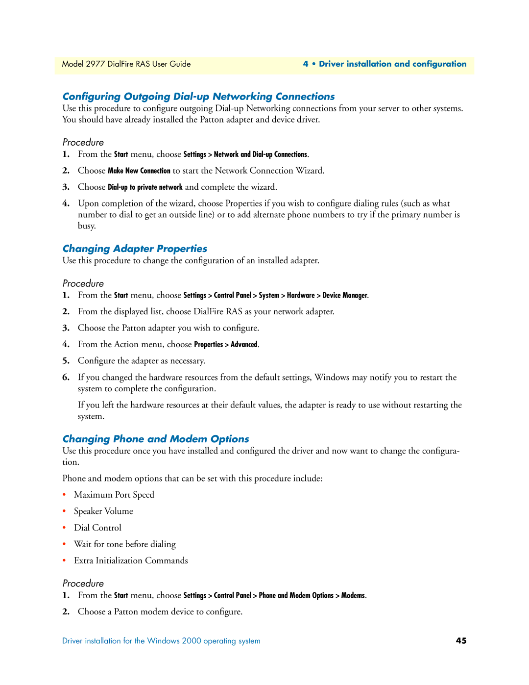 Patton electronic 2977 manual Conﬁguring Outgoing Dial-up Networking Connections, Changing Adapter Properties 