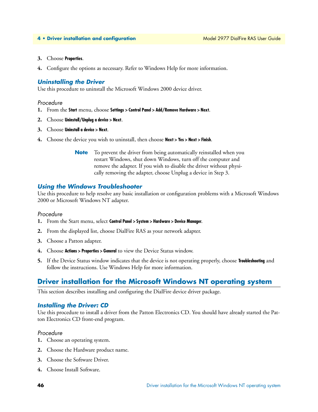 Patton electronic 2977 manual Uninstalling the Driver, Using the Windows Troubleshooter, Installing the Driver CD 