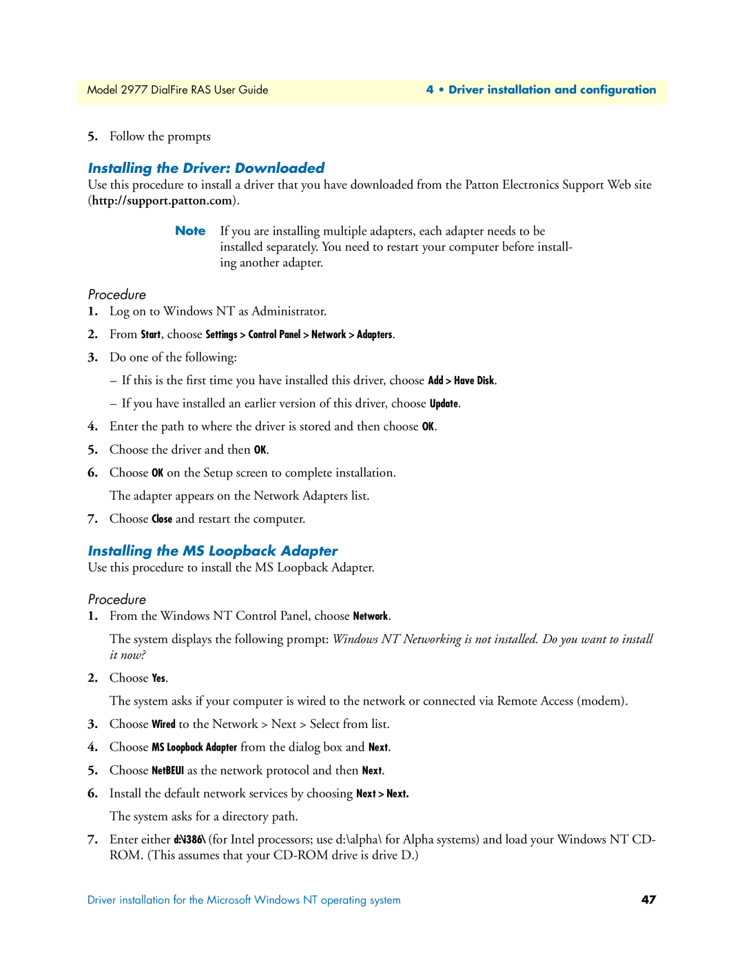 Patton electronic 2977 manual Installing the Driver Downloaded, Installing the MS Loopback Adapter 