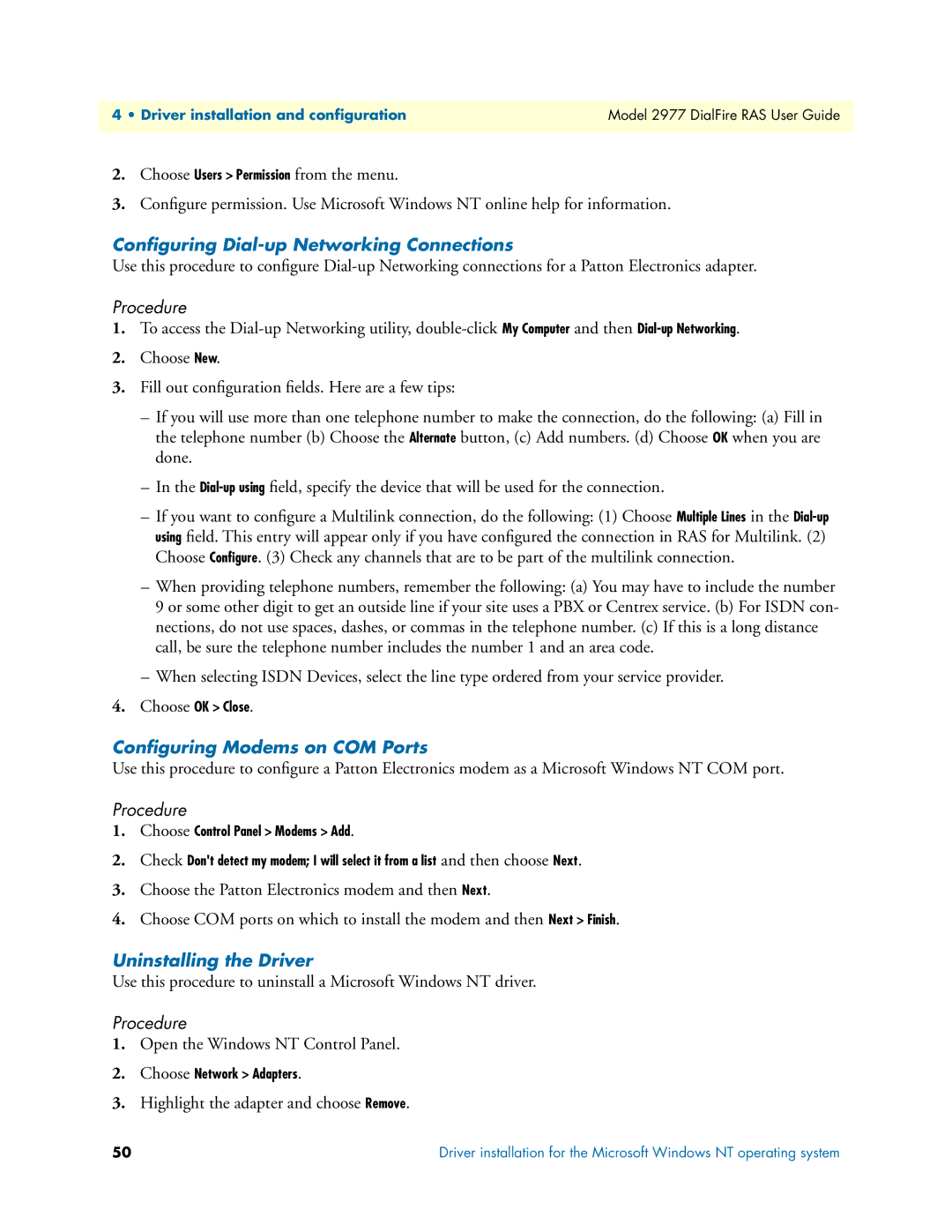 Patton electronic 2977 manual Conﬁguring Dial-up Networking Connections, Conﬁguring Modems on COM Ports 