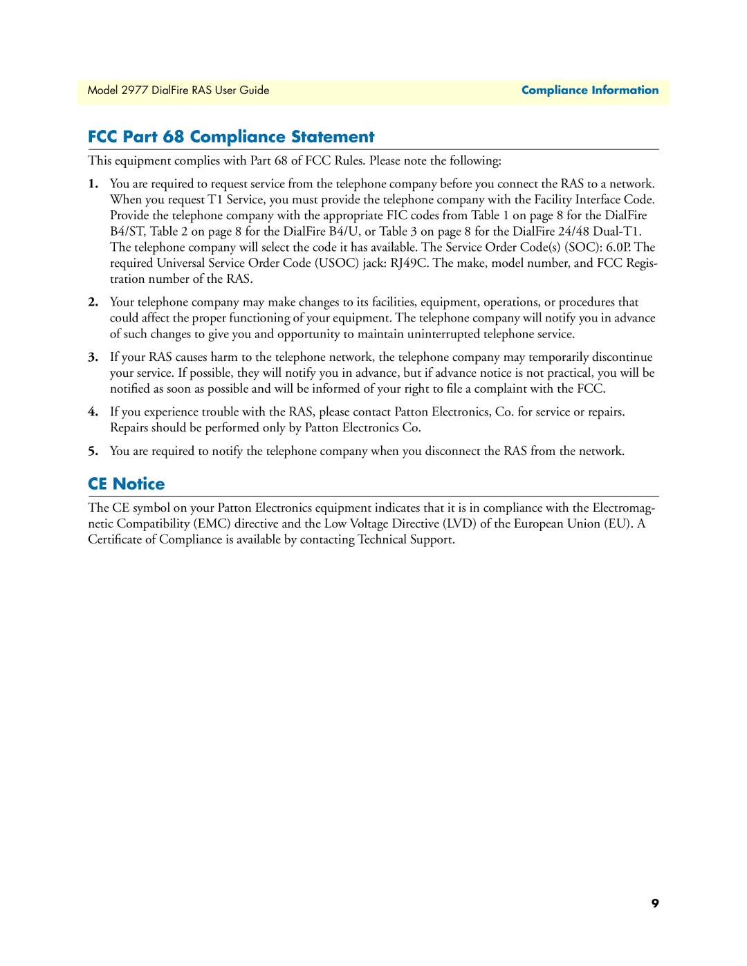 Patton electronic 2977 manual FCC Part 68 Compliance Statement, CE Notice 