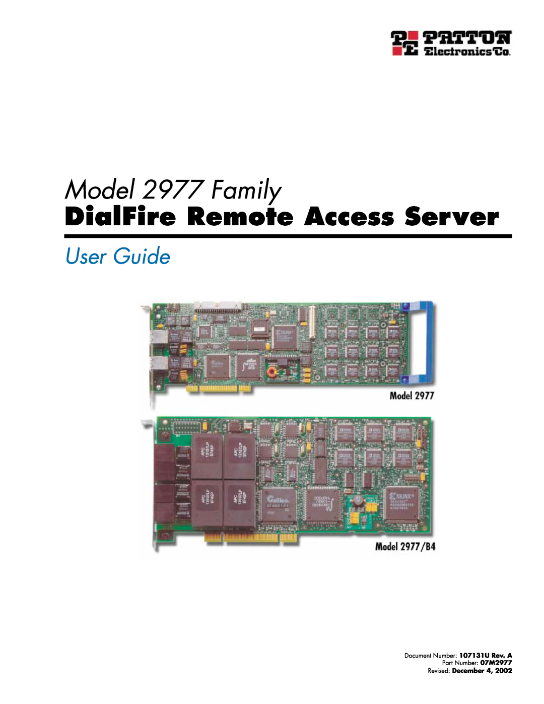 Patton electronic manual Model 2977 Family, DialFire Remote Access Server, User Guide, Revised December 4 