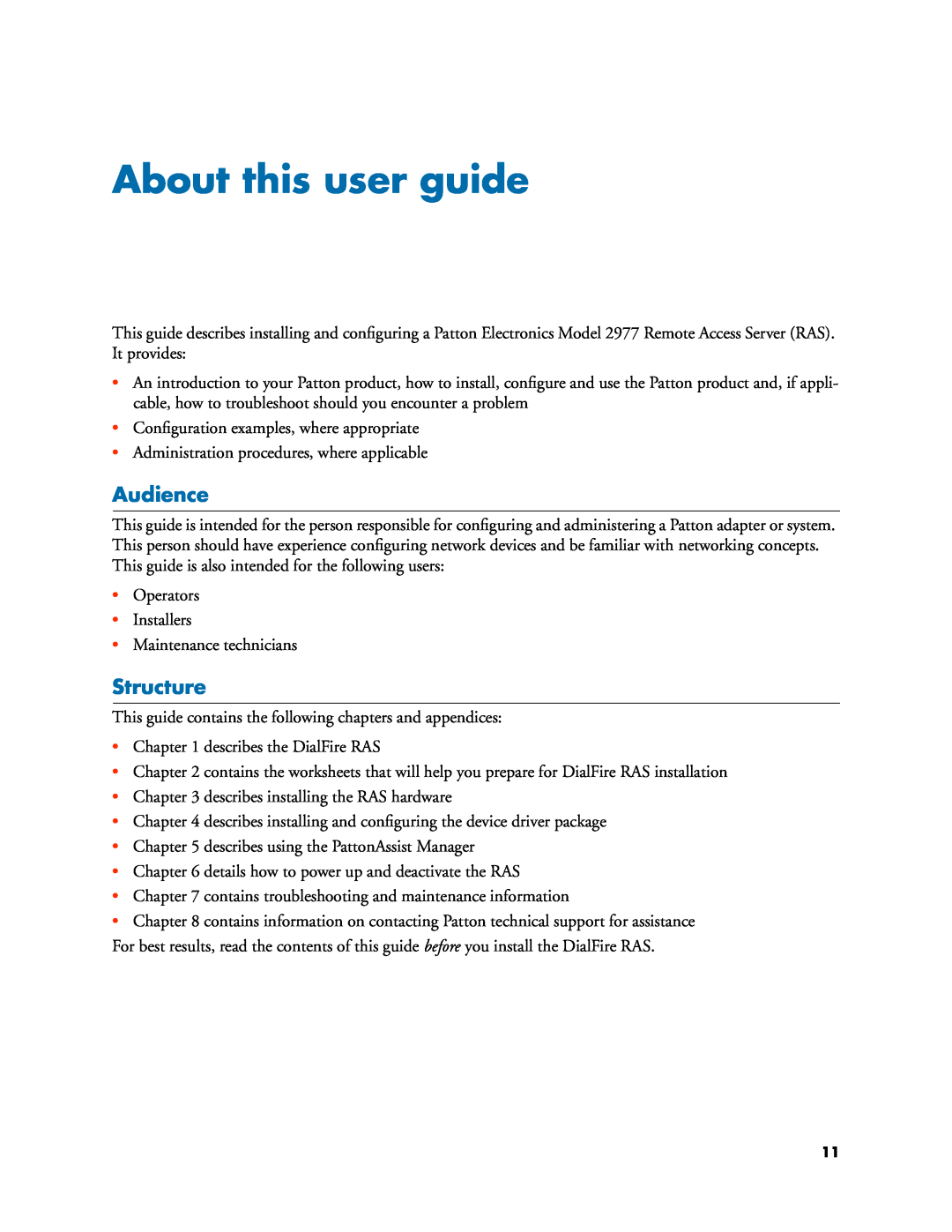 Patton electronic 2977 manual About this user guide, Audience, Structure 