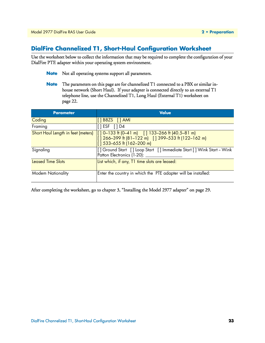 Patton electronic 2977 manual DialFire Channelized T1, Short-Haul Conﬁguration Worksheet 