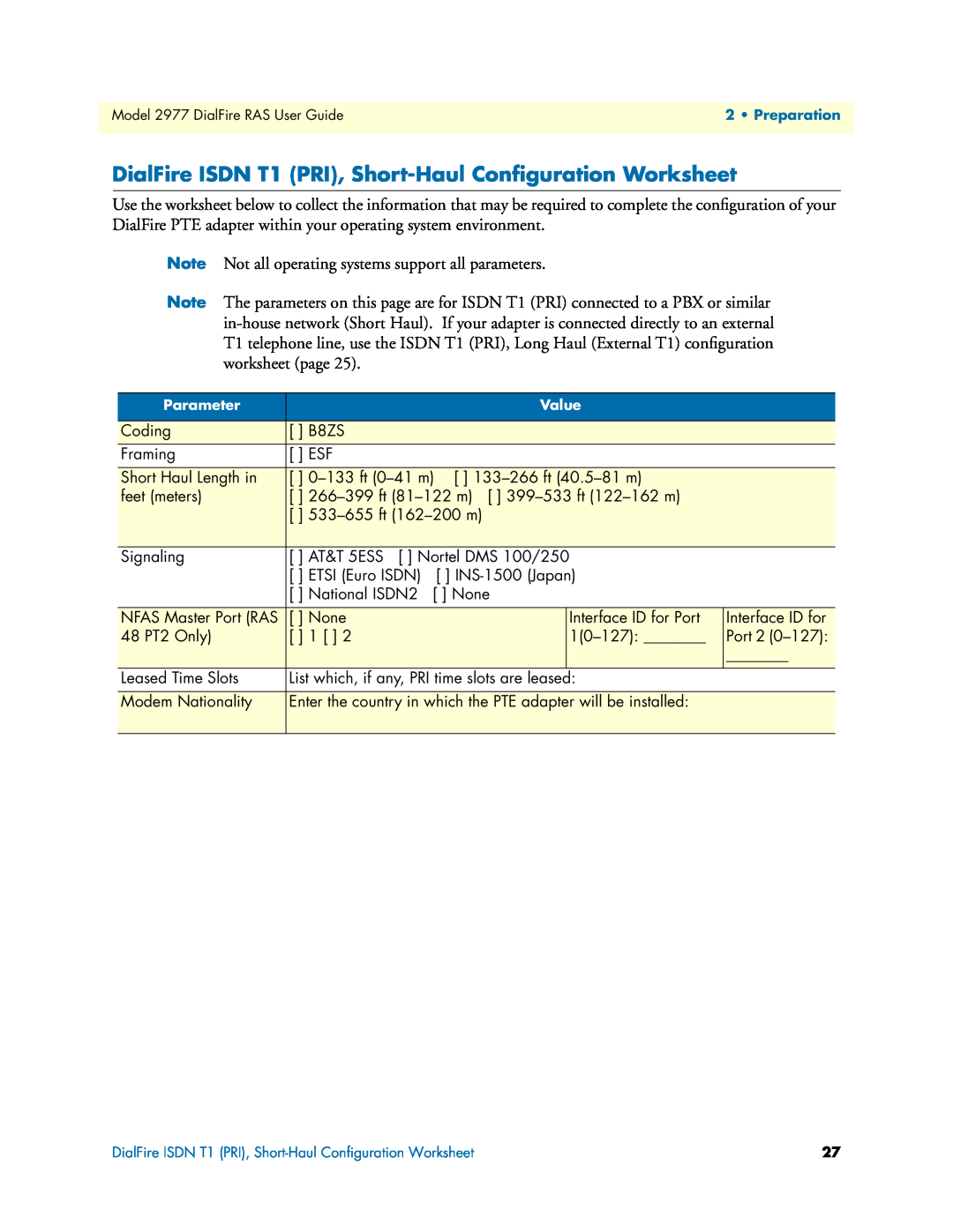 Patton electronic 2977 manual DialFire ISDN T1 PRI, Short-Haul Conﬁguration Worksheet 