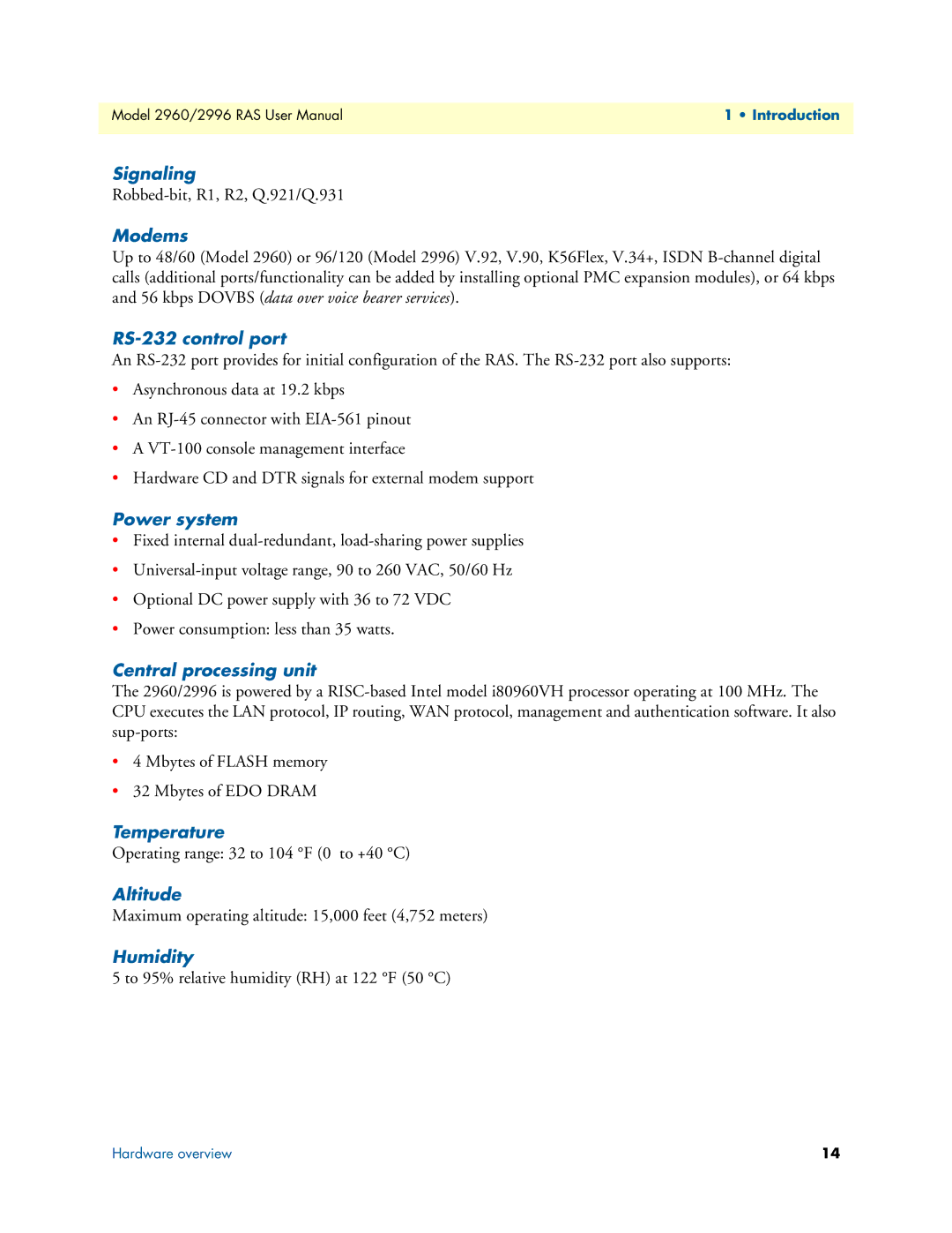 Patton electronic 2996, 2960 Signaling, Modems, RS-232 control port, Power system, Central processing unit, Temperature 