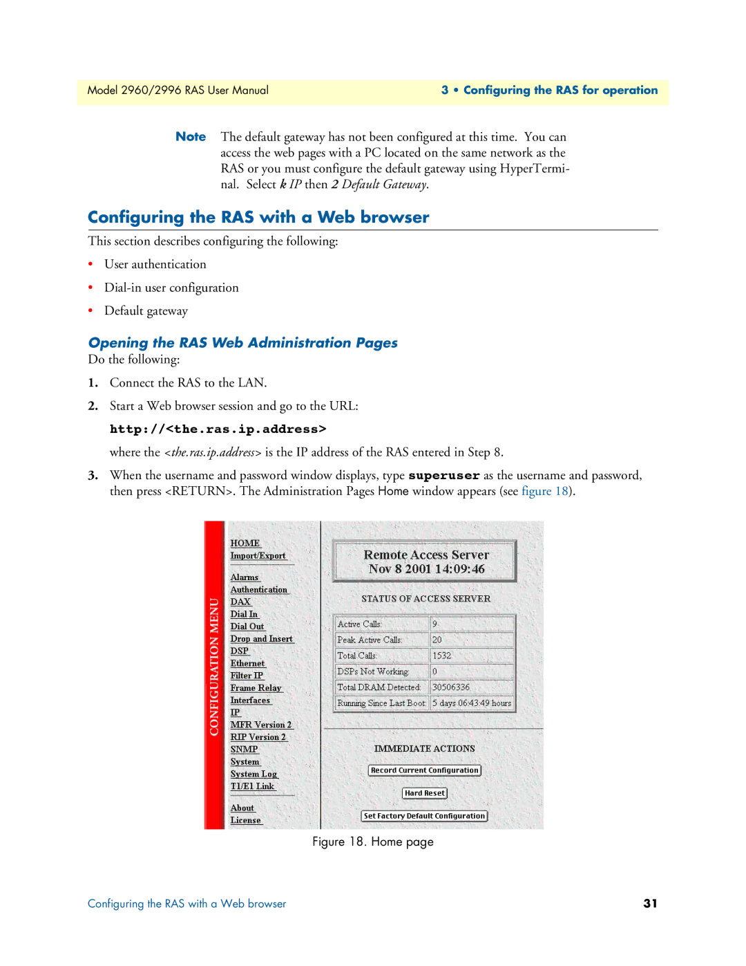 Patton electronic 2960, 2996 user manual Configuring the RAS with a Web browser, Opening the RAS Web Administration Pages 