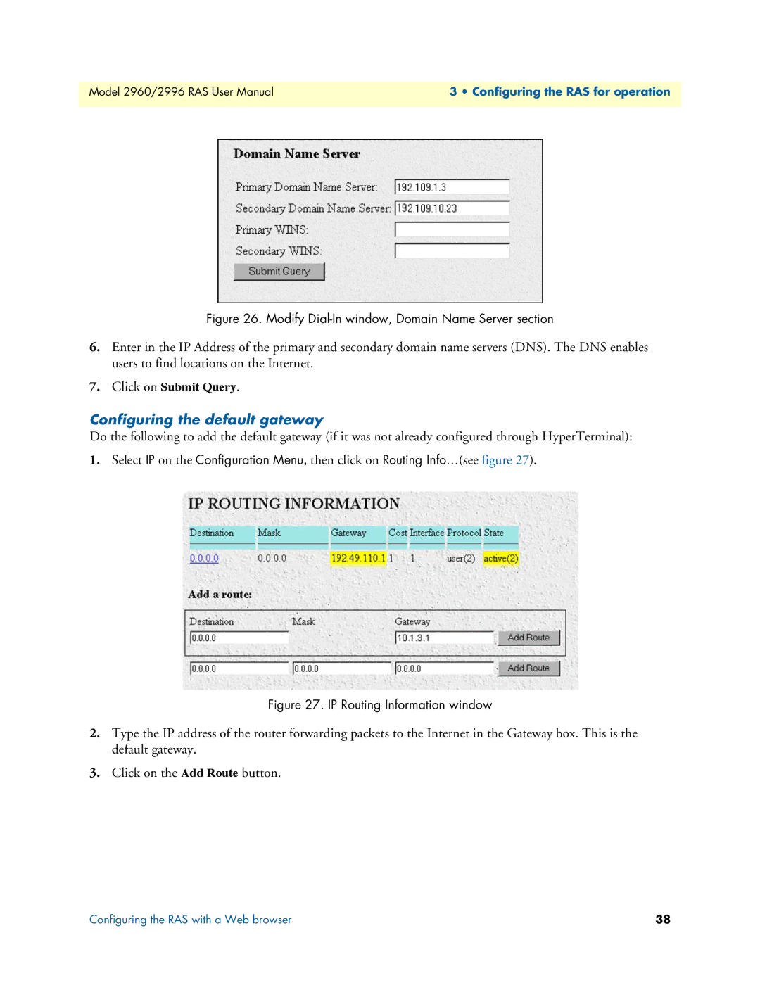 Patton electronic 2996, 2960 user manual Configuring the default gateway, Modify Dial-In window, Domain Name Server section 