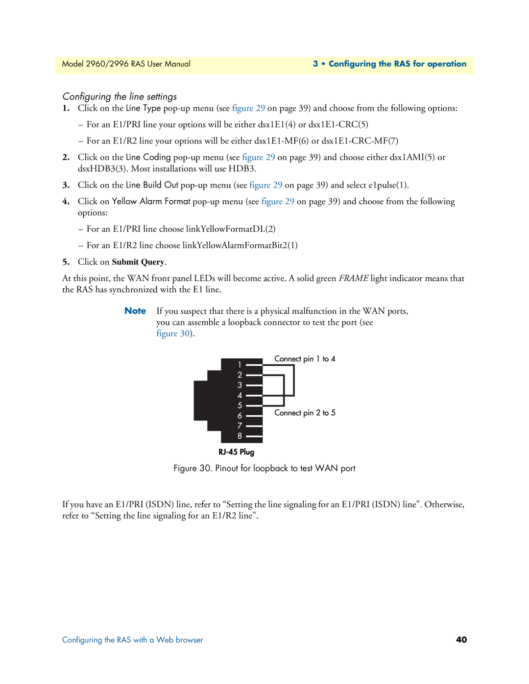 Patton electronic 2996, 2960 user manual Configuring the line settings, Pinout for loopback to test WAN port 