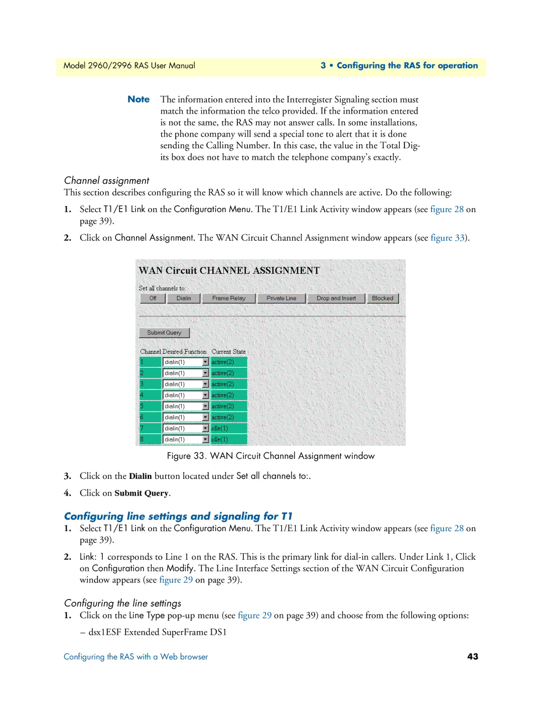 Patton electronic 2960, 2996 user manual Channel assignment, Configuring line settings and signaling for T1 