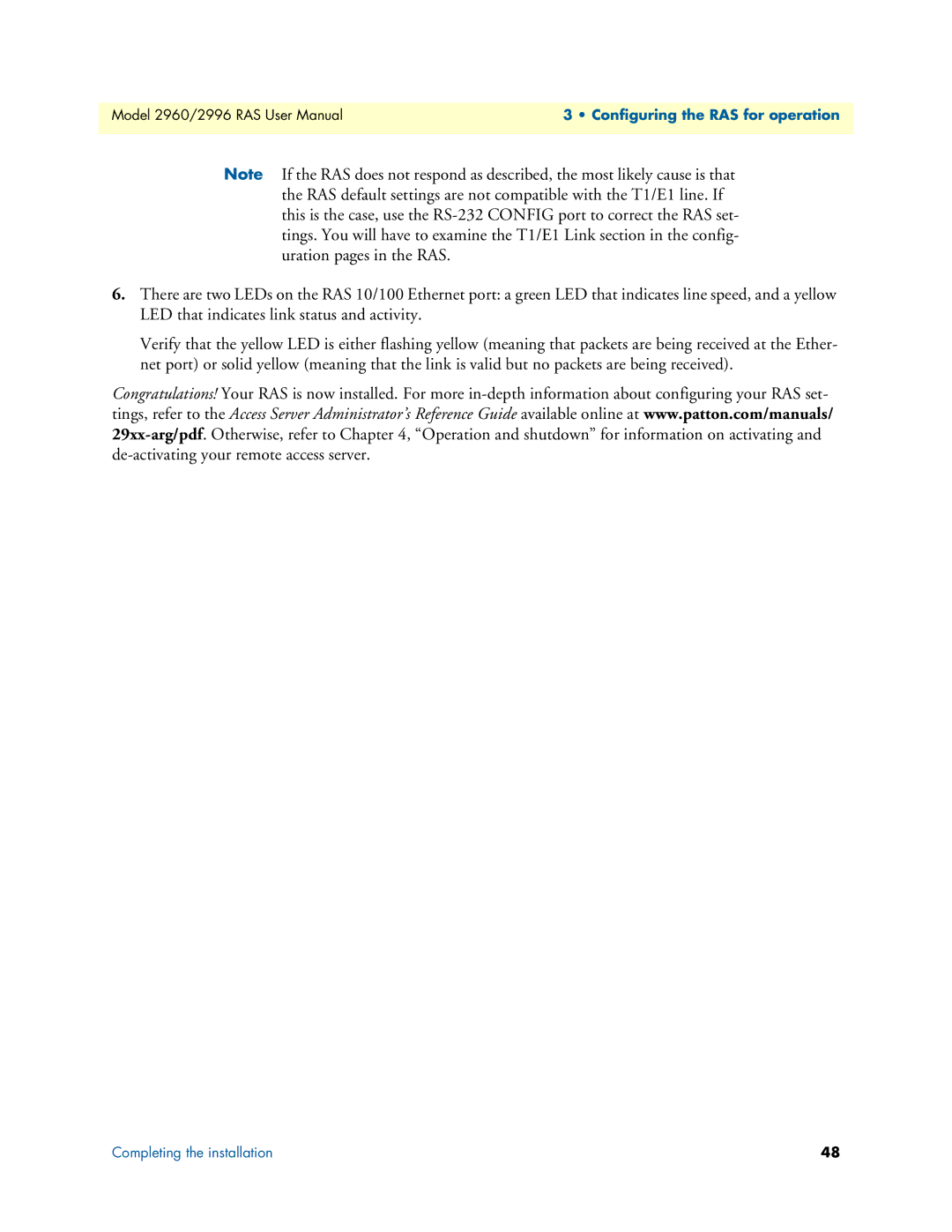 Patton electronic 2996, 2960 user manual Configuring the RAS for operation 