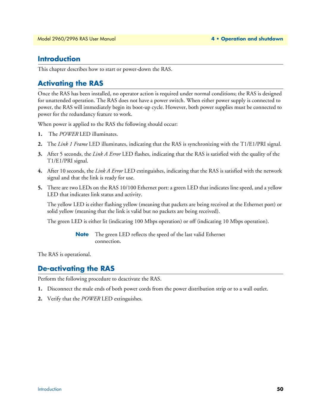 Patton electronic 2996, 2960 user manual Activating the RAS, De-activating the RAS 