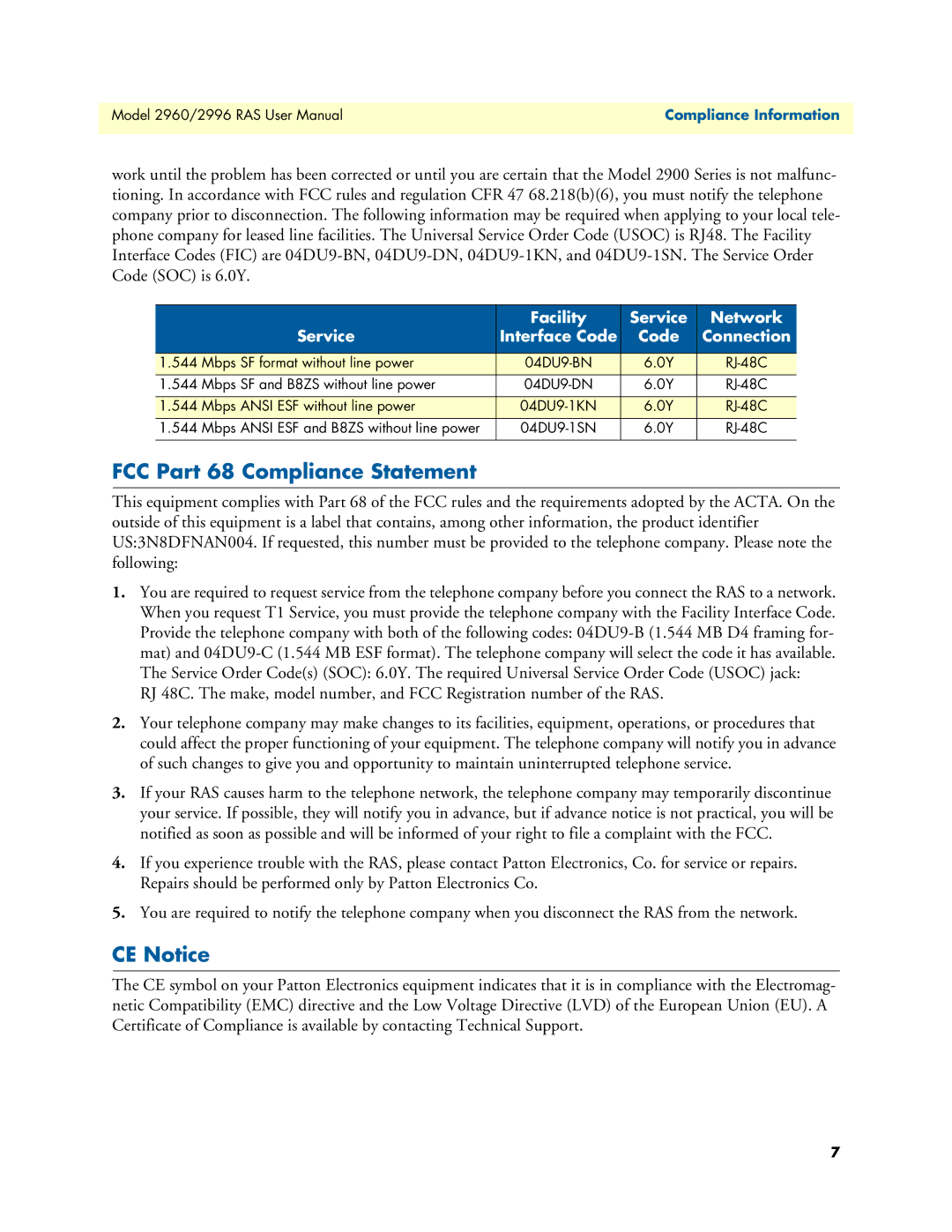 Patton electronic 2960, 2996 user manual FCC Part 68 Compliance Statement, CE Notice 