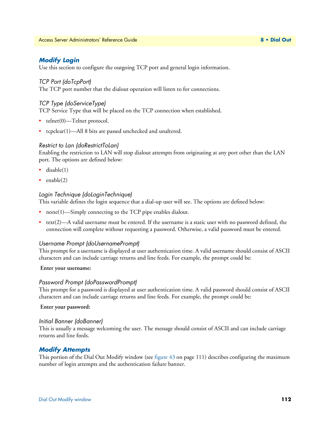 Patton electronic 29XX manual TCP Port doTcpPort, TCP Type doServiceType, Restrict to Lan doRestrictToLan 