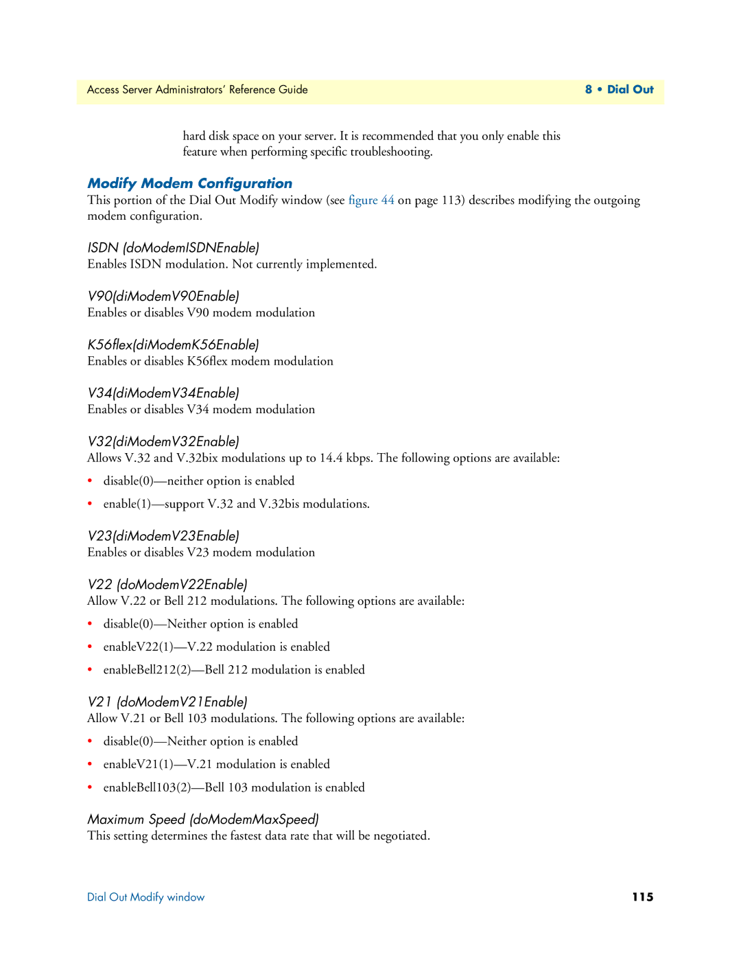 Patton electronic 29XX Isdn doModemISDNEnable, V22 doModemV22Enable, V21 doModemV21Enable, Maximum Speed doModemMaxSpeed 