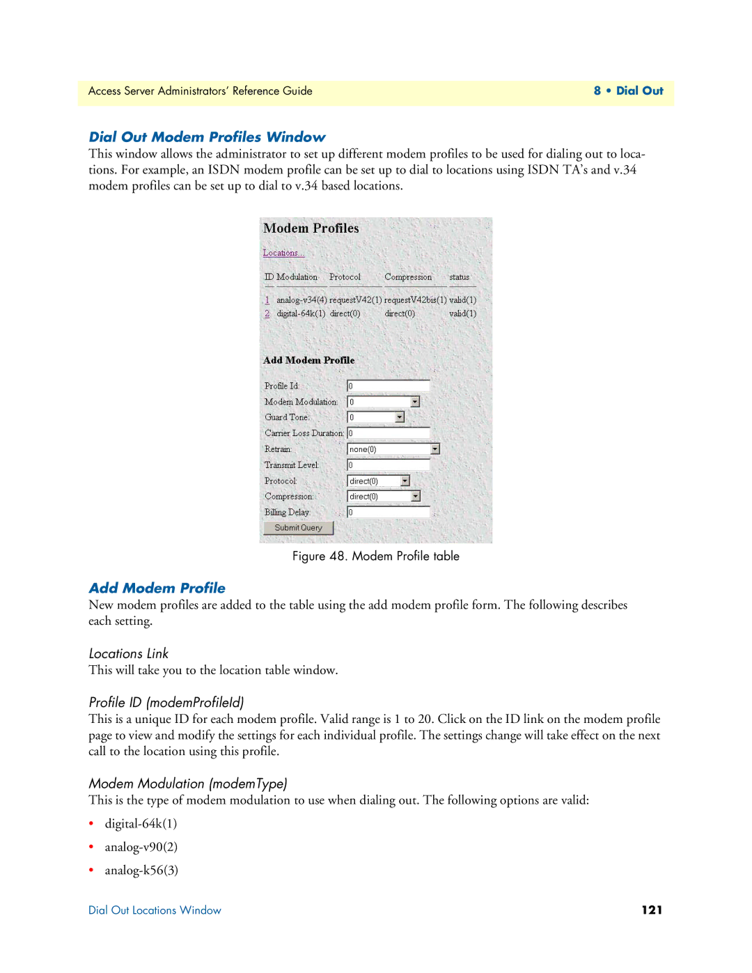 Patton electronic 29XX manual Dial Out Modem Profiles Window, Add Modem Profile, Locations Link, Profile ID modemProfileId 