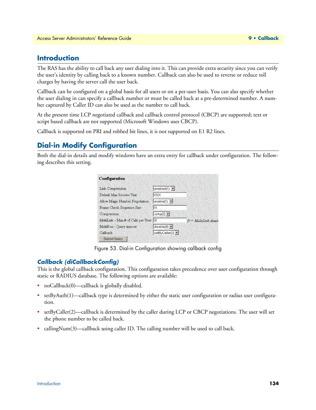 Patton electronic 29XX manual Dial-in Modify Configuration, Callback diCallbackConfig 