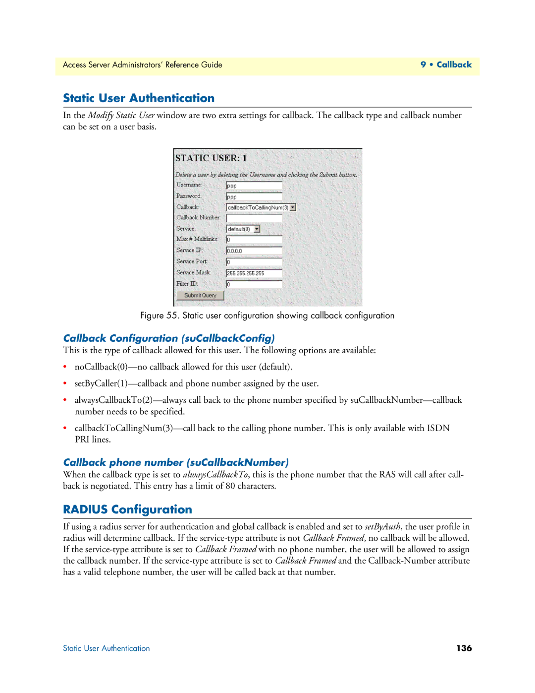 Patton electronic 29XX manual Radius Configuration, Callback Configuration suCallbackConfig 