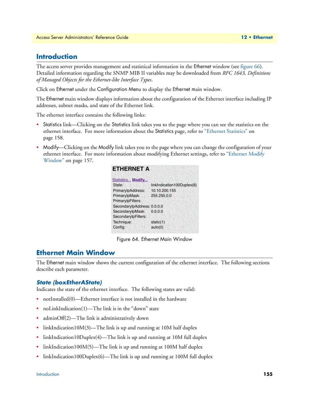 Patton electronic 29XX manual Ethernet Main Window, State boxEtherAState 