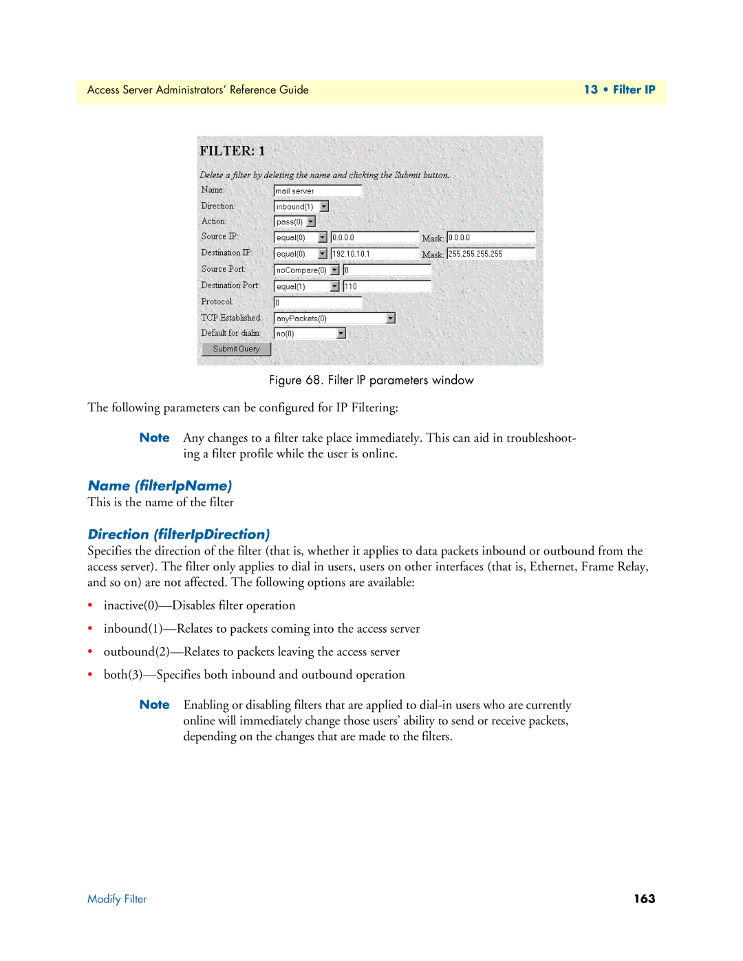 Patton electronic 29XX manual Name filterIpName, Direction filterIpDirection 