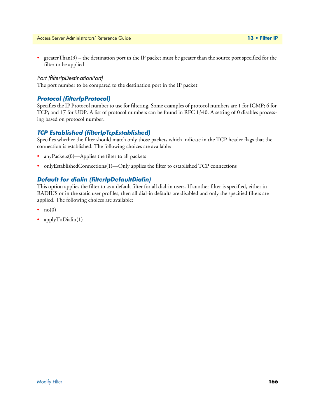 Patton electronic 29XX Port filterIpDestinationPort, Protocol filterIpProtocol, TCP Established filterIpTcpEstablished 